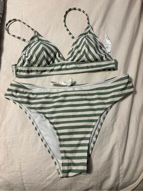 Amazon Women’s Green and White Striped Bikini Set